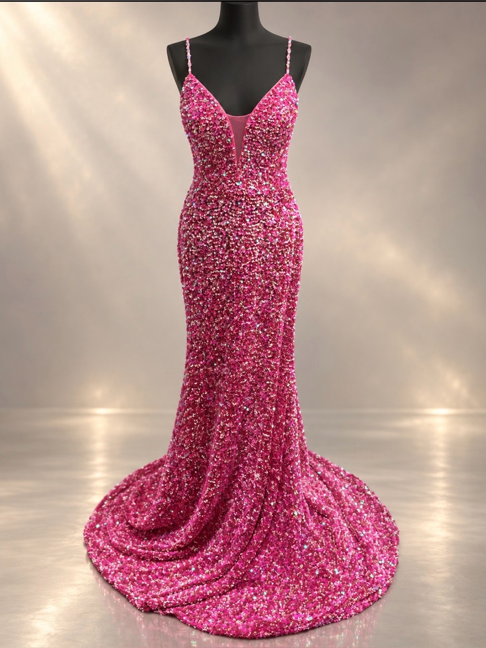 Sparkling Hot Pink Sequin Mermaid Prom Dress with Plunge V-Neck